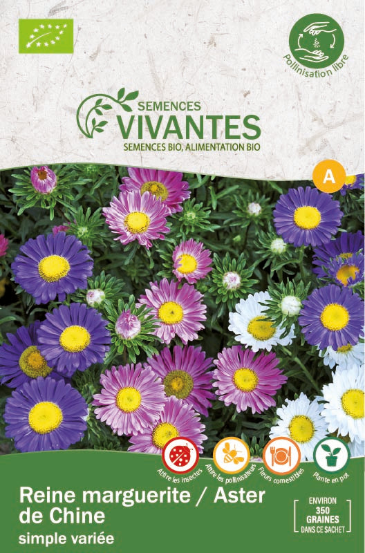 Semences Vivantes -- Reine marguerite / aster de chine simple variée bio demeter - Sachet de 350 graines
