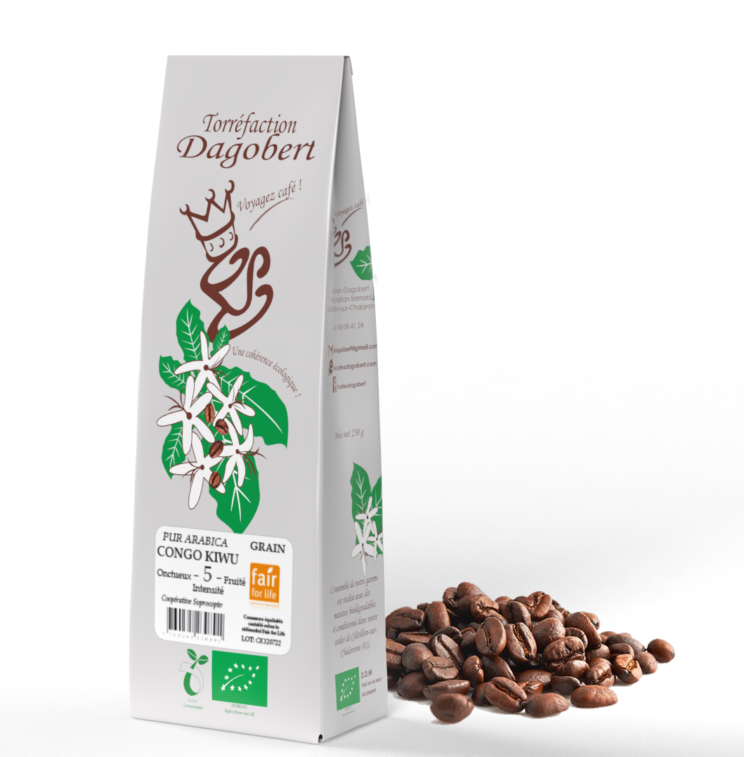 Les Cafés Dagobert -- Congo kivu 100% arabica, bio et équitable - grains (origine Congo) - 250 g