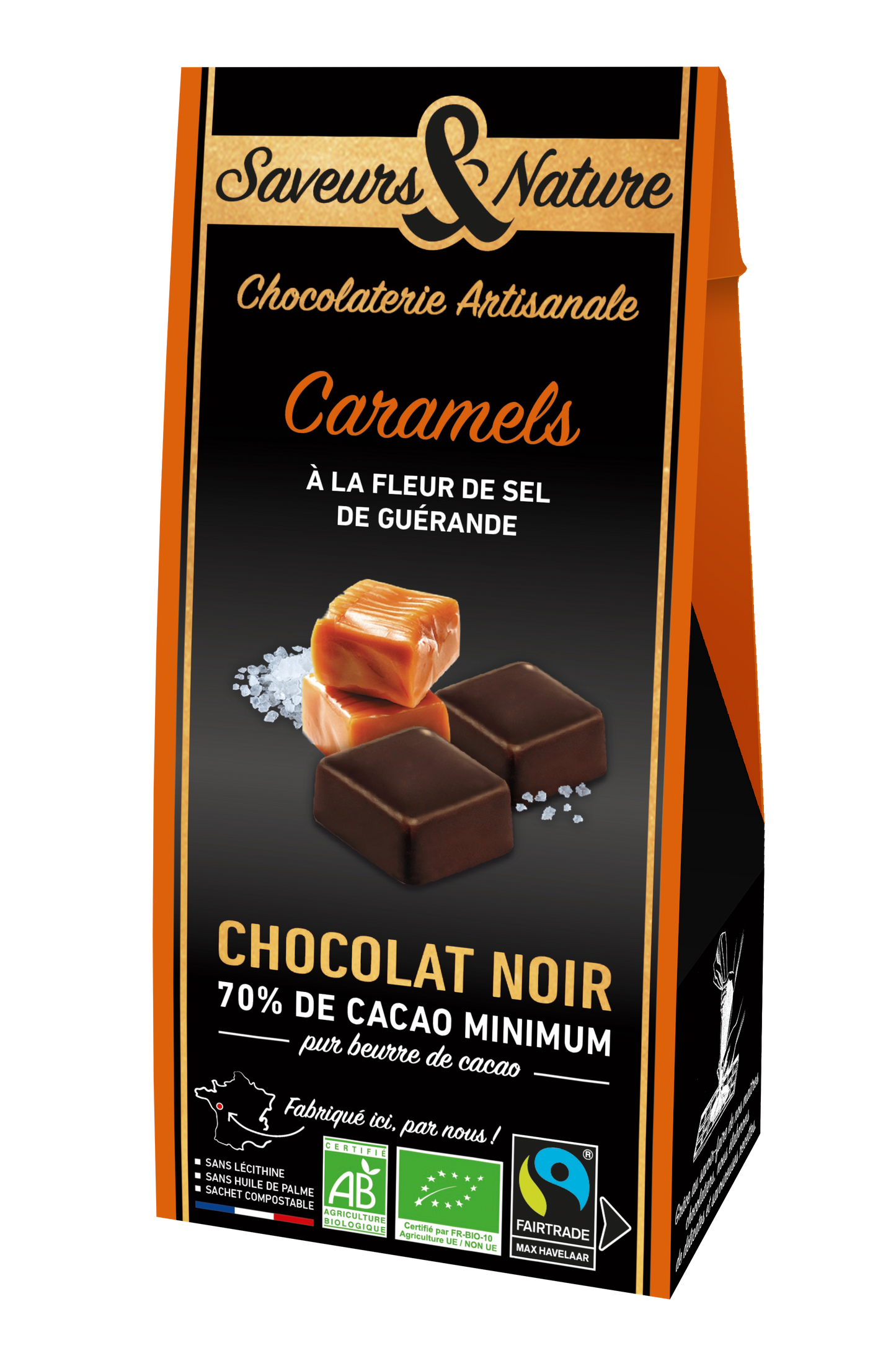 Saveurs & Nature -- Ballotin de caramels à la fleur de sel enrobés de chocolat noir bio - 150 g