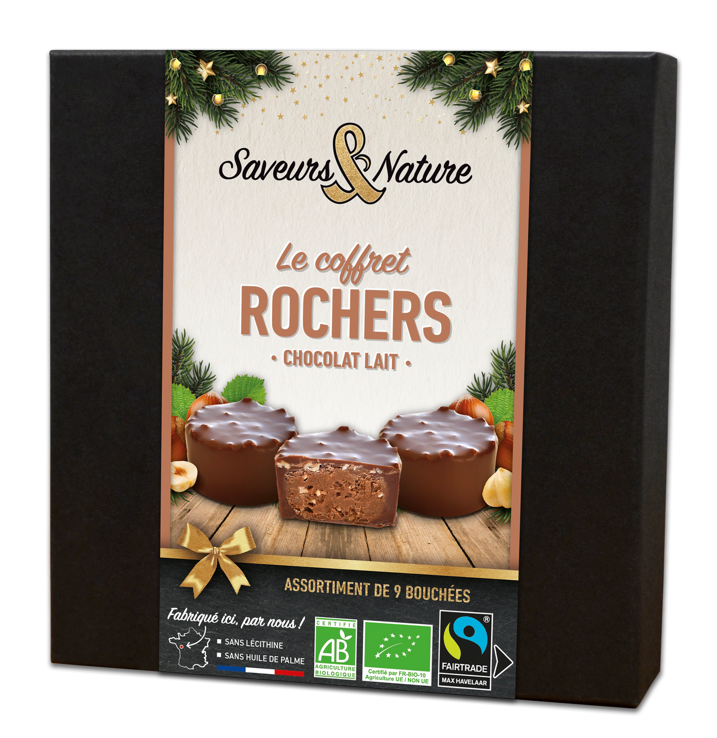 Saveurs & Nature -- Coffret 9 mini rochers pralinés noisette enrobés de chocolat au lait bio - 135 g