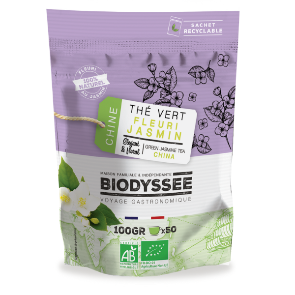 Biodyssée -- Thé vert fleuri jasmin bio (origine Chine) - 100 g