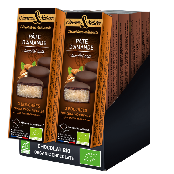 Saveurs & Nature -- Bouchées amandines pâte d'amande enrobée de chocolat noir 70% de cacao  x 10